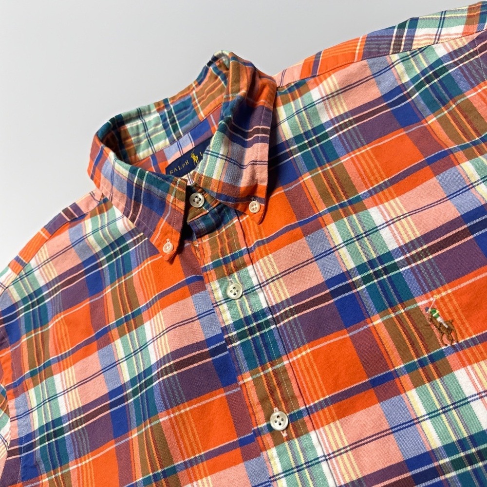 Polo Ralph Lauren Oxford Flannel Shirt Men's Large Orange Plaid Flesh Pony